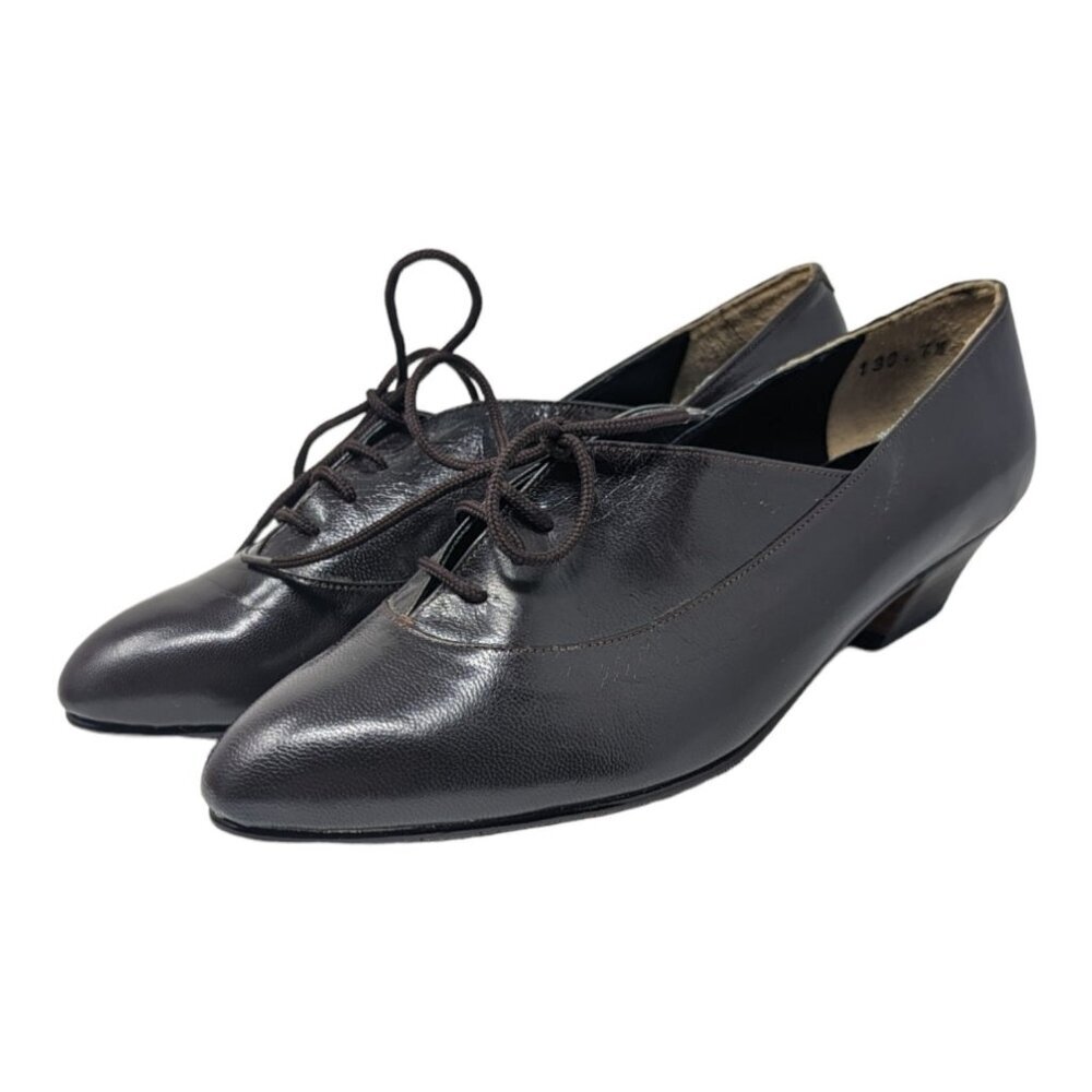 Vintage Uomore FK's RUA Black Leather Lace Up Low Pump Heels Shoes US Size 7.0